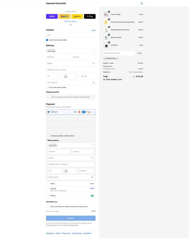 Awkward Essentials checkout page showing Awkward Essentials discount code box | Screenshot taken by SimplyCodes community member on Sep 5, 2025
