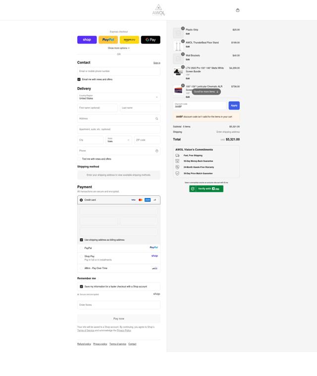 AWOL Vision checkout page showing AWOL Vision coupon code box | Screenshot taken by SimplyCodes community member on Sep 15, 2025
