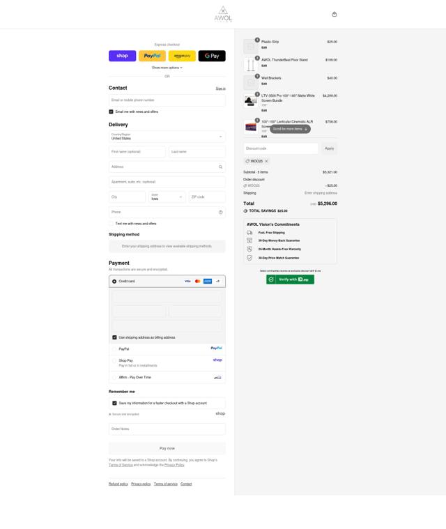 AWOL Vision checkout page showing AWOL Vision coupon code box | Screenshot taken by SimplyCodes community member on Sep 15, 2025
