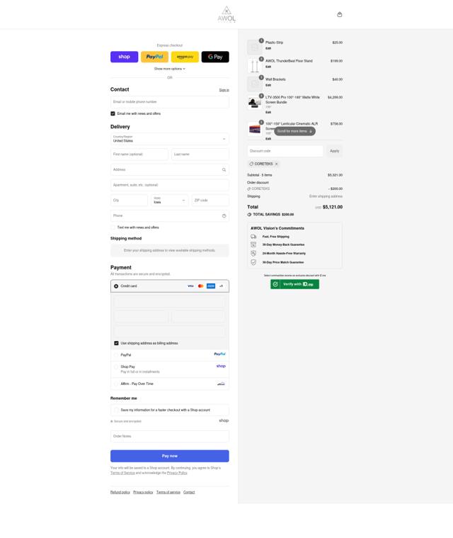 AWOL Vision checkout page showing AWOL Vision coupon code box | Screenshot taken by SimplyCodes community member on Sep 15, 2025