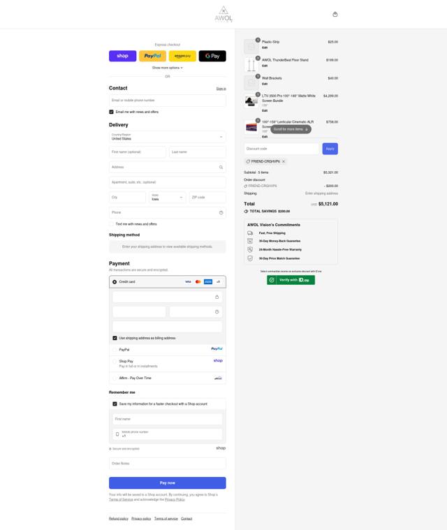 AWOL Vision checkout page showing AWOL Vision coupon code box | Screenshot taken by SimplyCodes community member on Sep 15, 2025