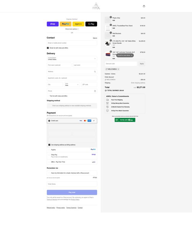 AWOL Vision checkout page showing AWOL Vision coupon code box | Screenshot taken by SimplyCodes community member on Sep 15, 2025