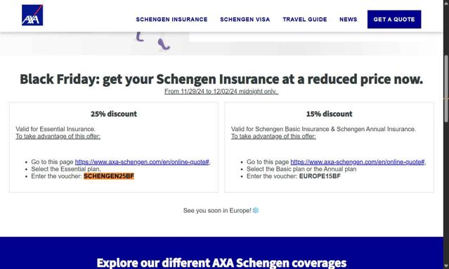 AXA Schengen checkout page showing AXA Schengen promo code box | Screenshot taken by SimplyCodes community member on Aug 6, 2025