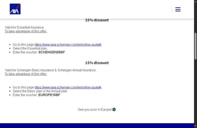 AXA Schengen checkout page showing AXA Schengen promo code box | Screenshot taken by SimplyCodes community member on Aug 19, 2025