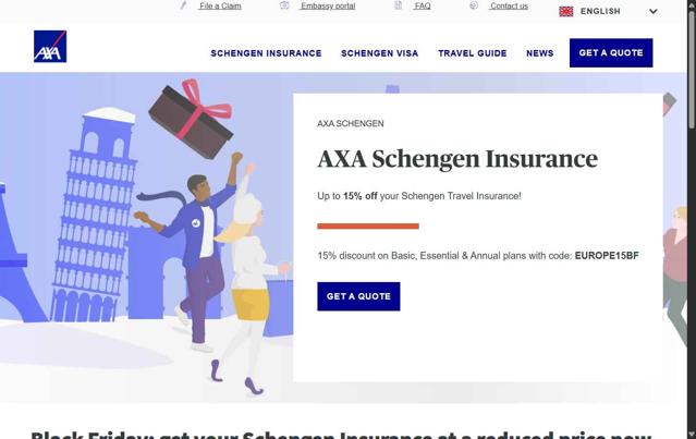 AXA Schengen checkout page showing AXA Schengen promo code box | Screenshot taken by SimplyCodes community member on Aug 9, 2025
