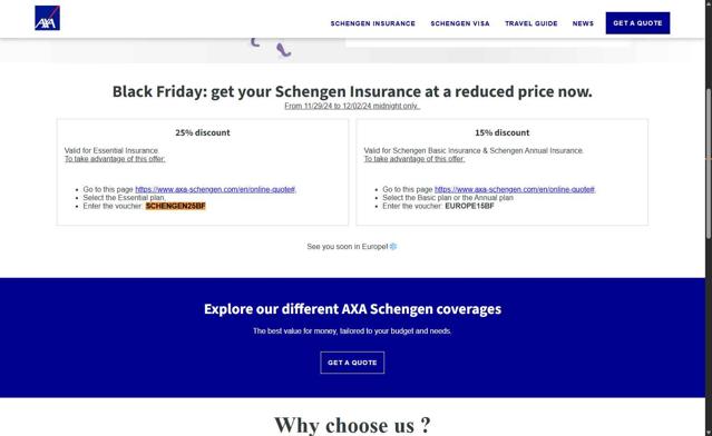 AXA Schengen checkout page showing AXA Schengen promo code box | Screenshot taken by SimplyCodes community member on Sep 10, 2025
