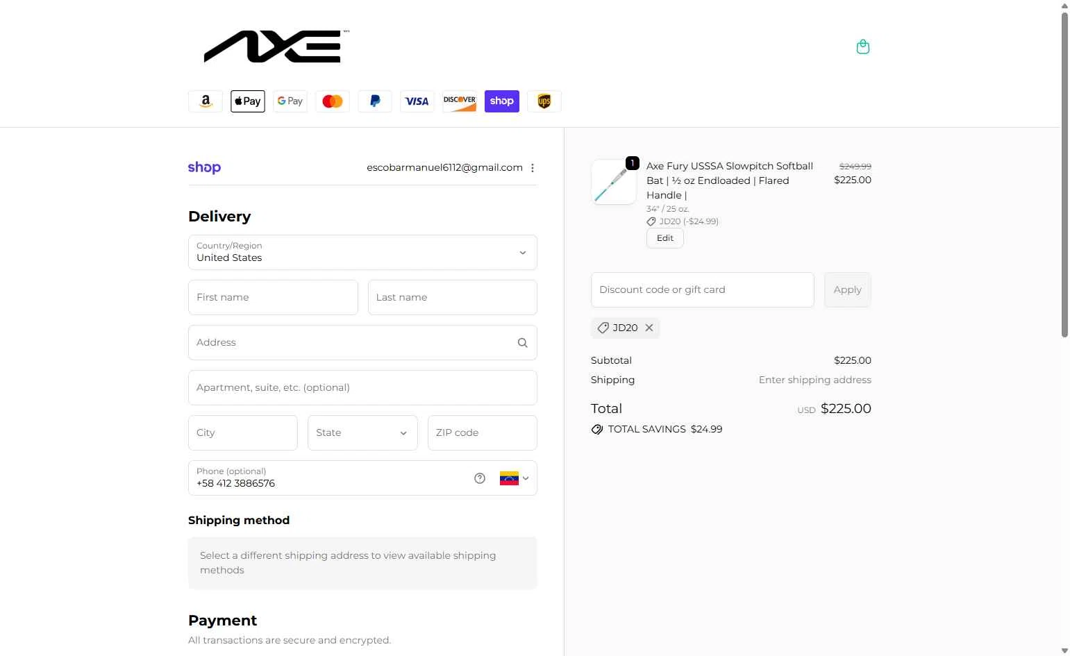 Axe Bat checkout page showing Axe Bat discount code box | Screenshot taken by SimplyCodes community member on Jan 27, 2026