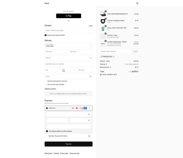 Axial Knives checkout page showing Axial Knives discount code box | Screenshot taken by SimplyCodes community member on Sep 6, 2025