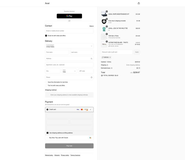 Axial Knives checkout page showing Axial Knives discount code box | Screenshot taken by SimplyCodes community member on Sep 10, 2025