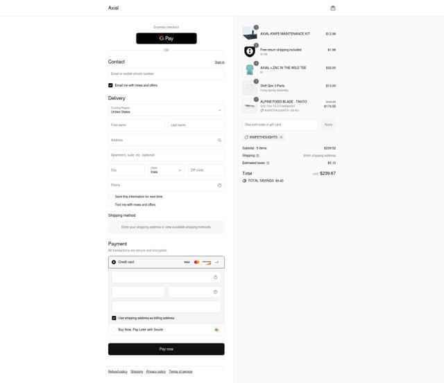 Axial Knives checkout page showing Axial Knives discount code box | Screenshot taken by SimplyCodes community member on Sep 10, 2025