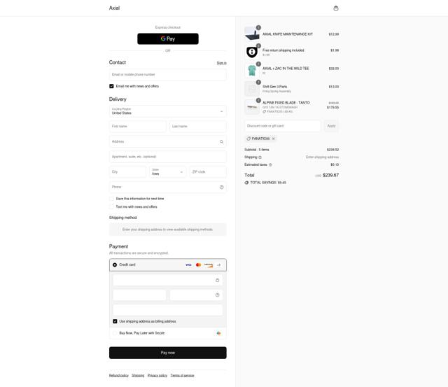 Axial Knives checkout page showing Axial Knives discount code box | Screenshot taken by SimplyCodes community member on Sep 10, 2025