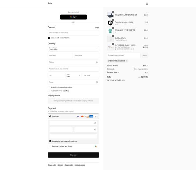 Axial Knives checkout page showing Axial Knives discount code box | Screenshot taken by SimplyCodes community member on Sep 6, 2025