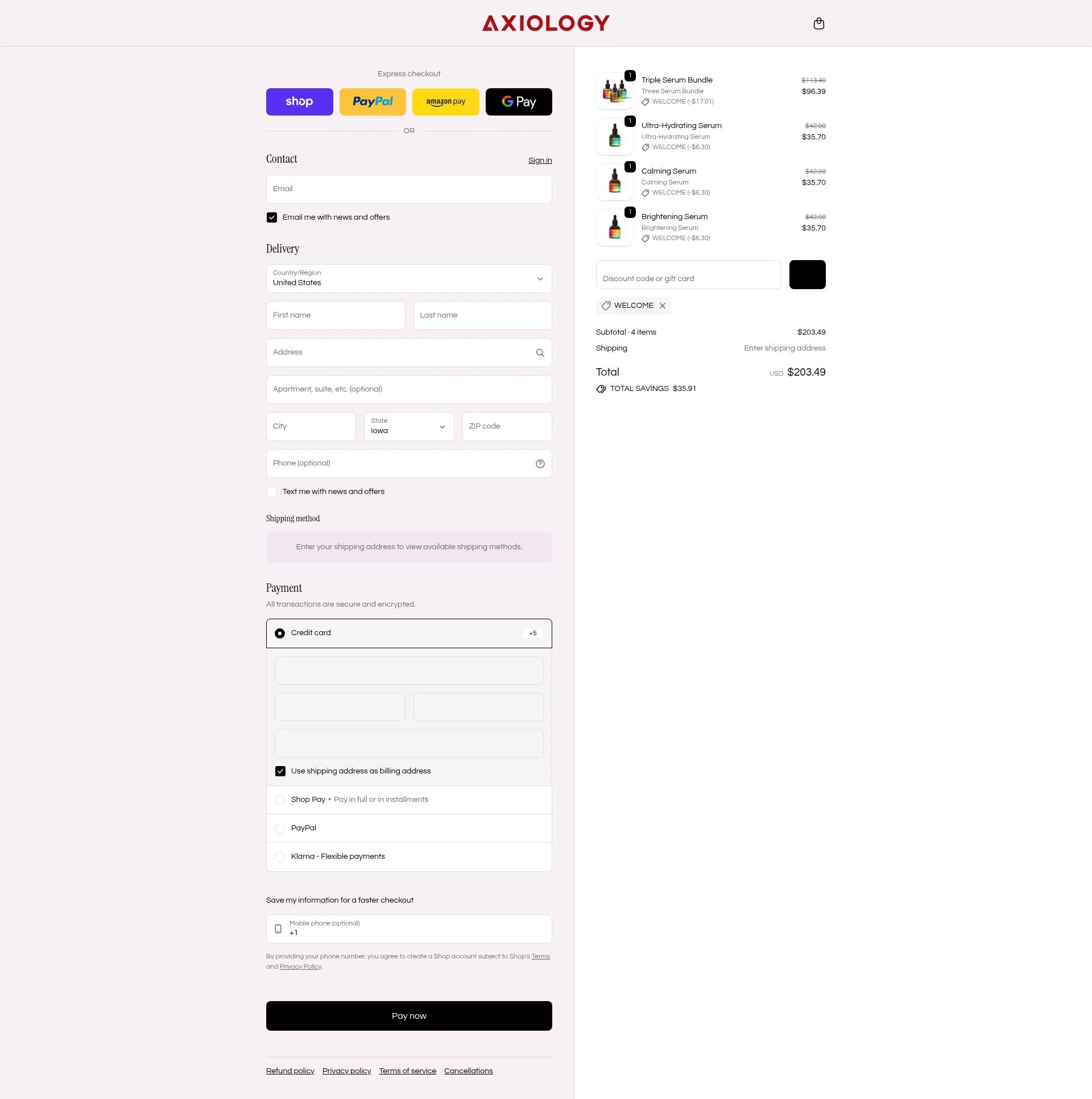 Axiology checkout page showing Axiology discount code box | Screenshot taken by SimplyCodes community member on Feb 15, 2026