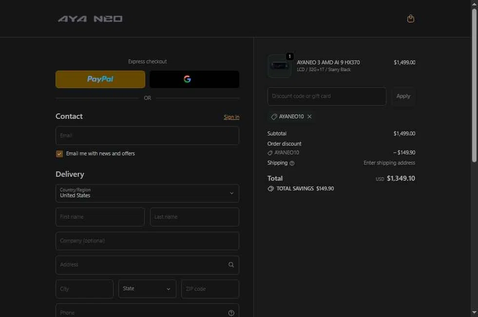 Ayaneo checkout page showing Ayaneo discount code box | Screenshot taken by SimplyCodes community member on Jan 9, 2026
