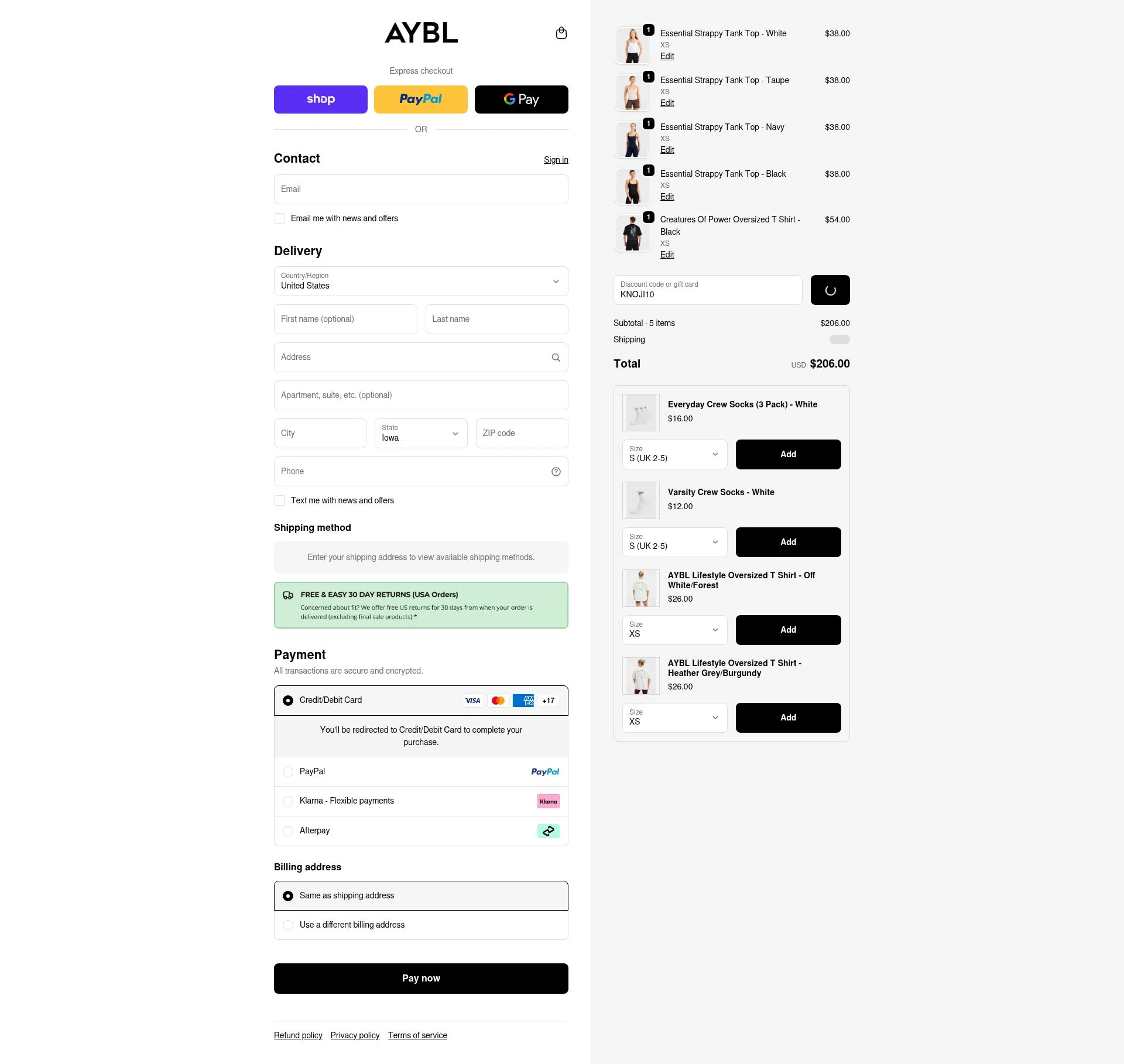 AYBL USA checkout page showing AYBL USA discount code box | Screenshot taken by SimplyCodes community member on Feb 10, 2026