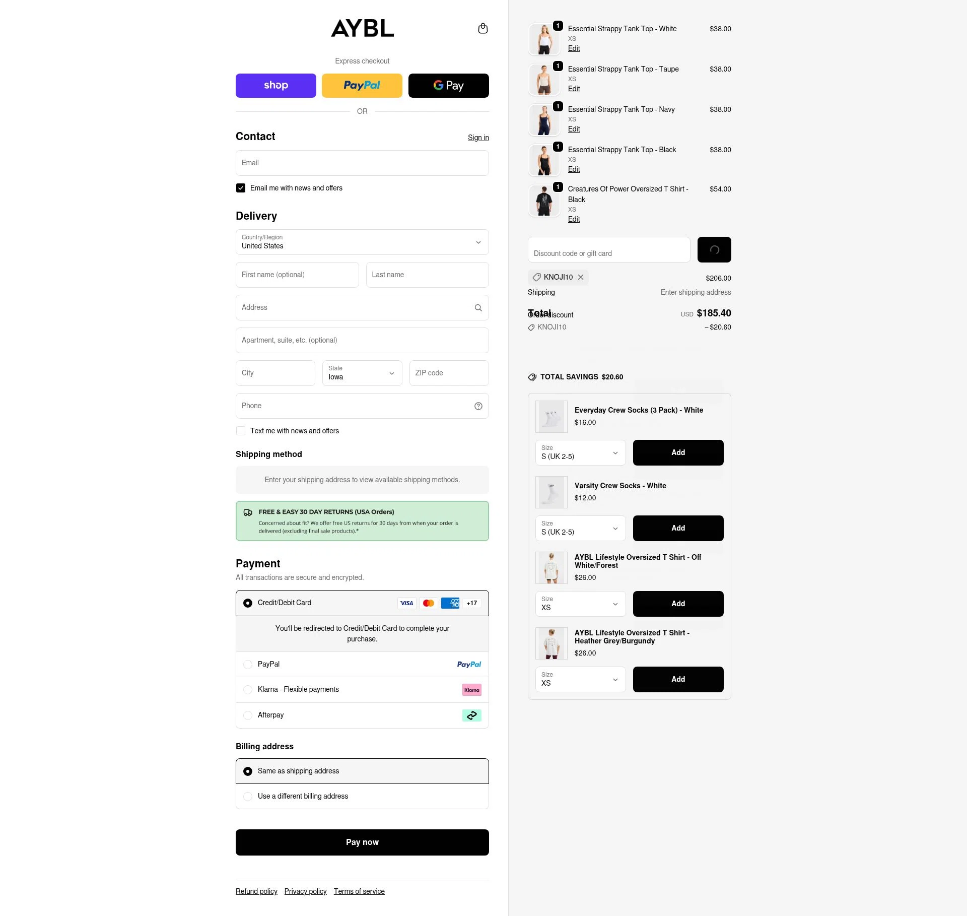 AYBL USA checkout page showing AYBL USA discount code box | Screenshot taken by SimplyCodes community member on Feb 5, 2026