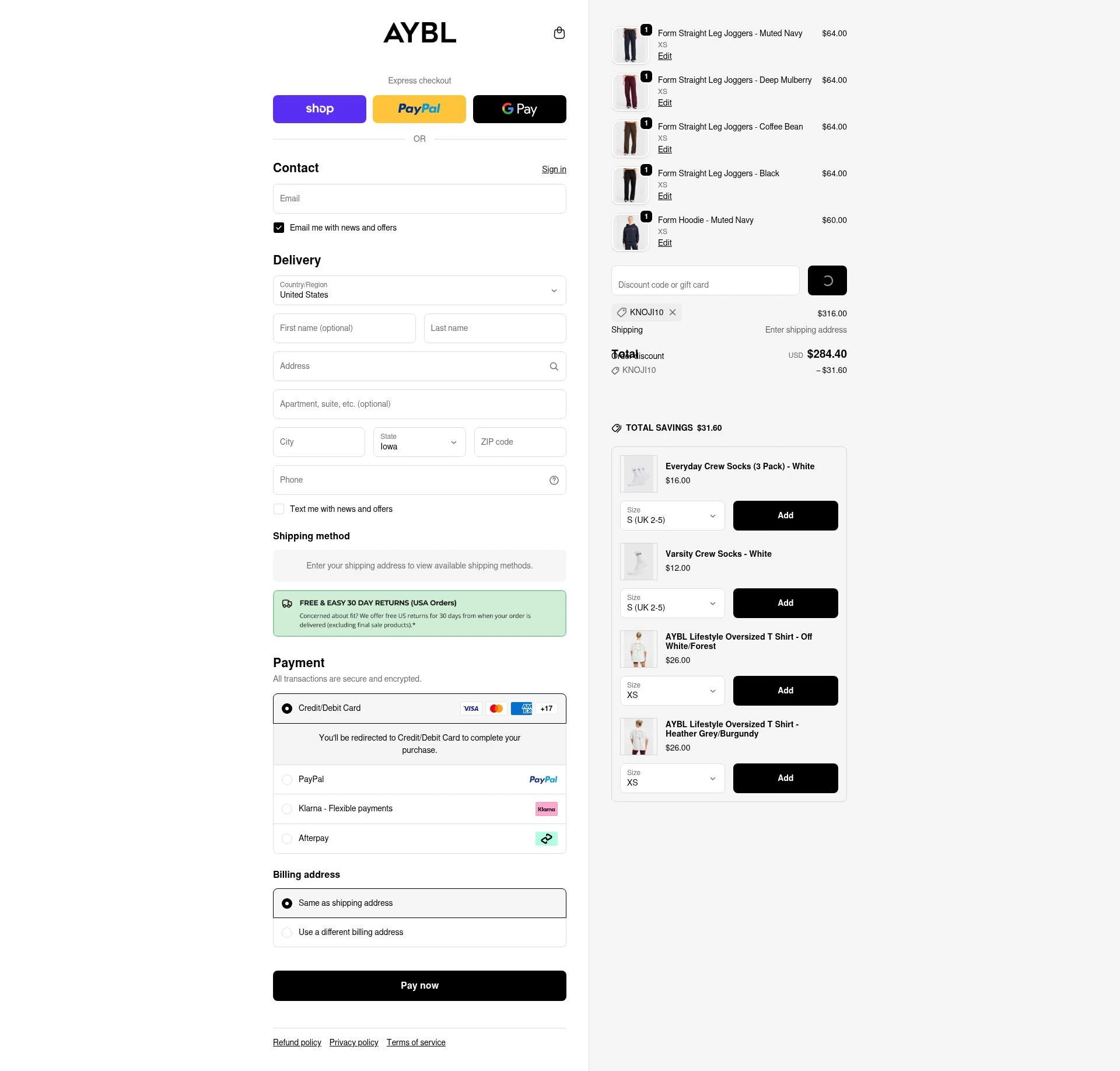 AYBL USA checkout page showing AYBL USA discount code box | Screenshot taken by SimplyCodes community member on Jan 27, 2026