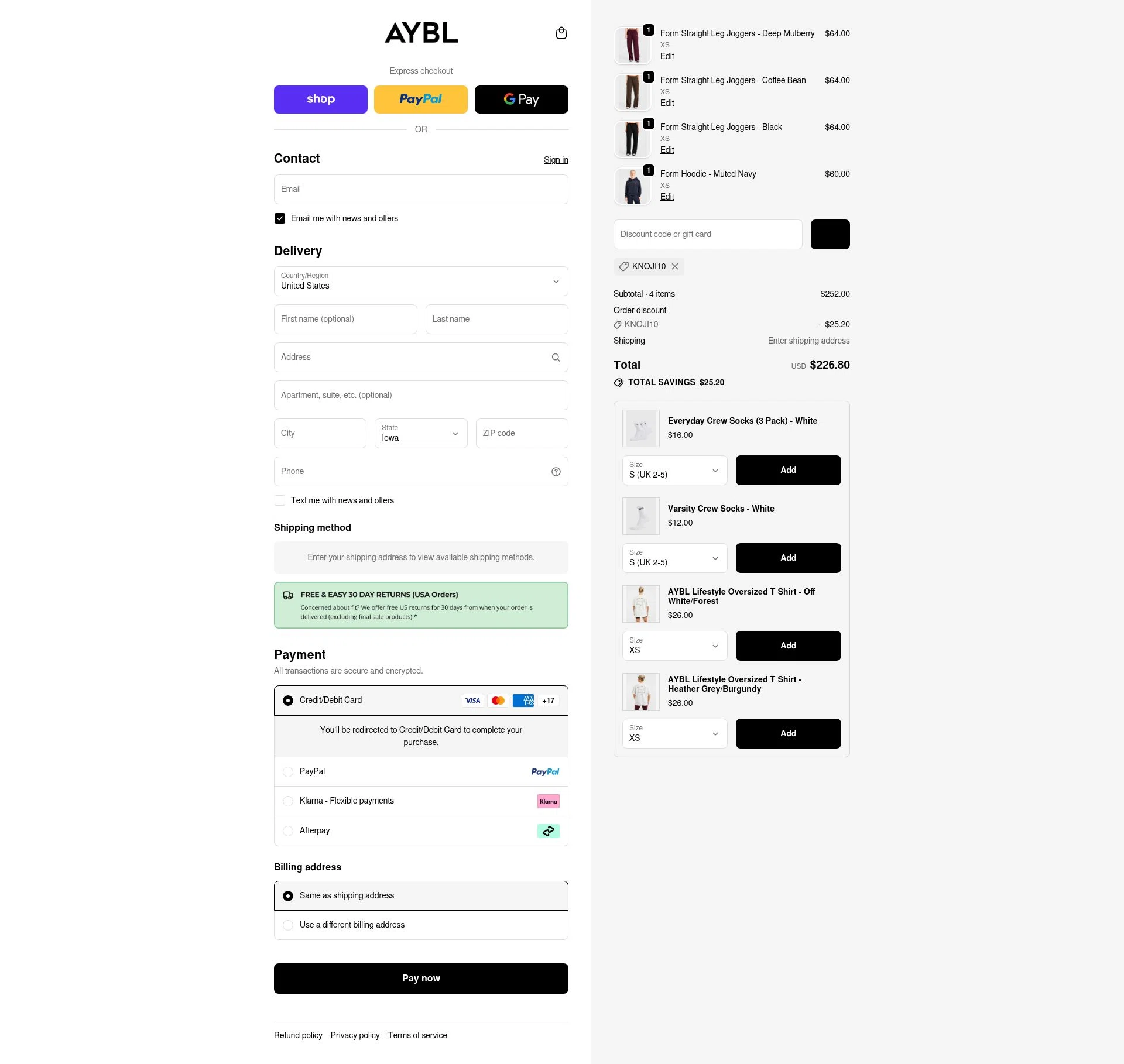 AYBL USA checkout page showing AYBL USA discount code box | Screenshot taken by SimplyCodes community member on Feb 1, 2026