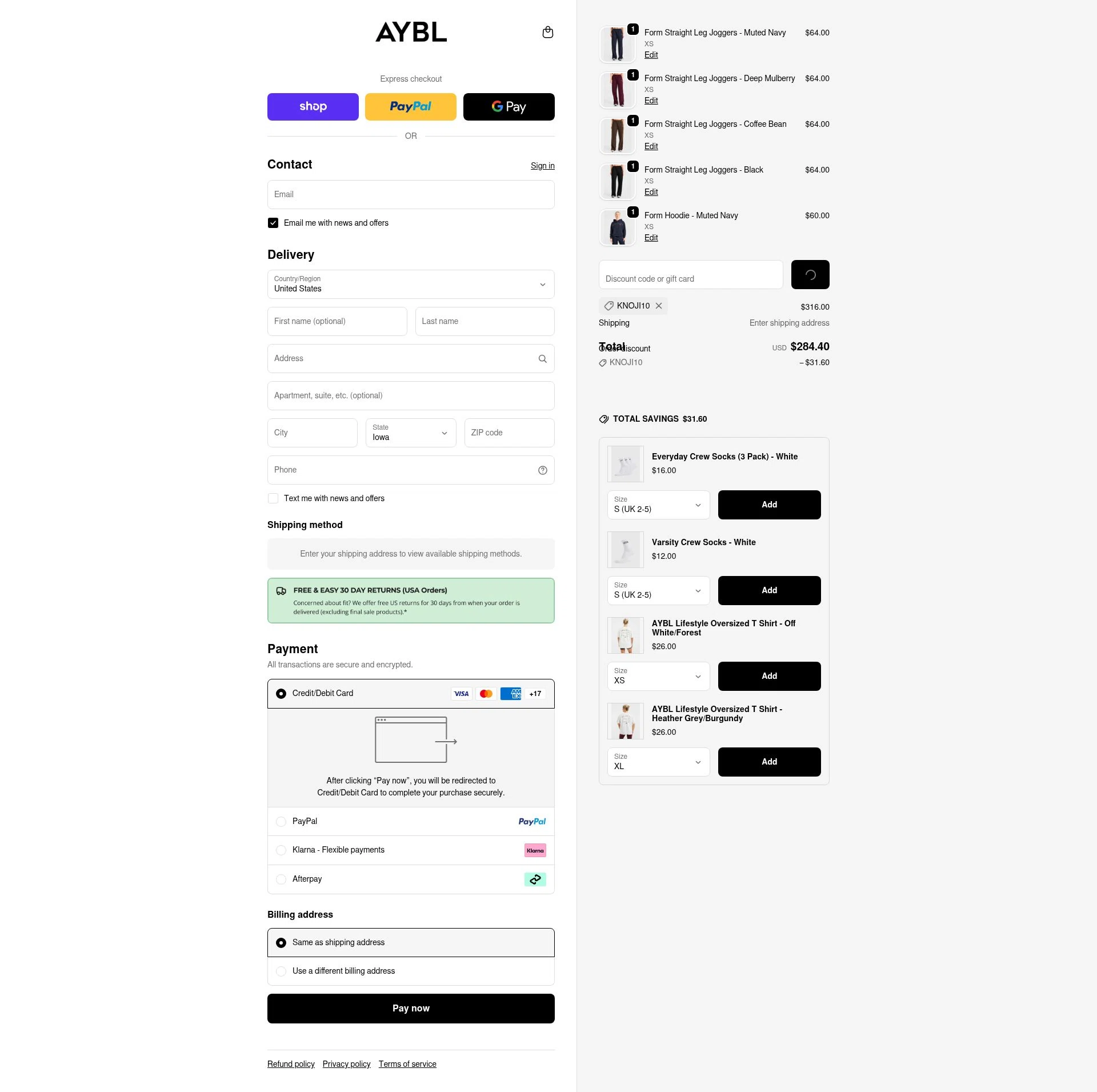AYBL USA checkout page showing AYBL USA discount code box | Screenshot taken by SimplyCodes community member on Jan 8, 2026