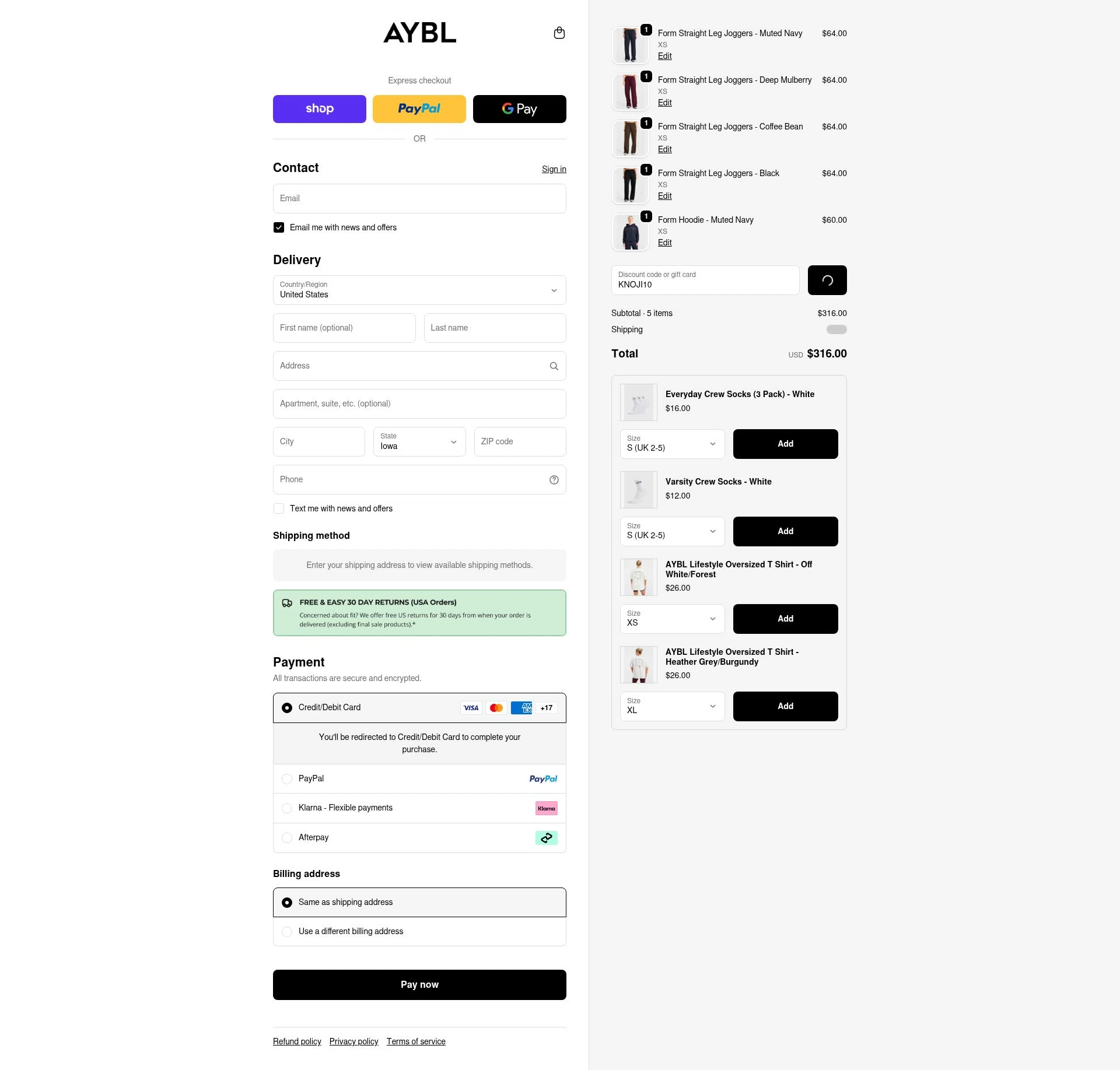 AYBL USA checkout page showing AYBL USA discount code box | Screenshot taken by SimplyCodes community member on Jan 23, 2026
