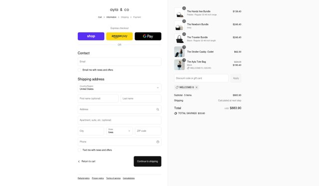 Ayla & Co checkout page showing Ayla & Co promo code box | Screenshot taken by SimplyCodes community member on Sep 1, 2025