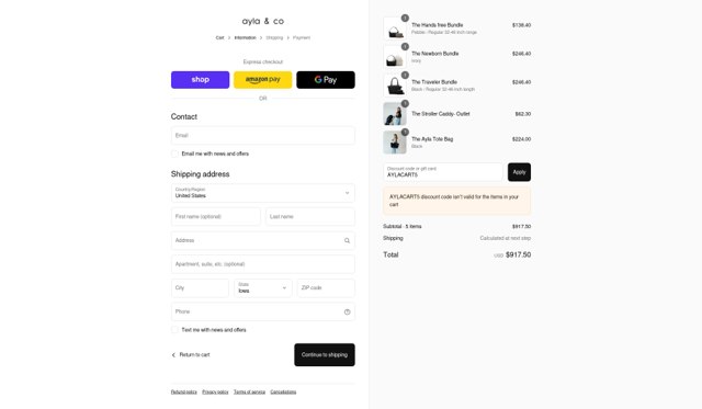 Ayla & Co checkout page showing Ayla & Co promo code box | Screenshot taken by SimplyCodes community member on Sep 1, 2025
