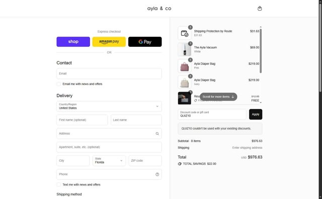 Ayla & Co checkout page showing Ayla & Co promo code box | Screenshot taken by SimplyCodes community member on Sep 5, 2025