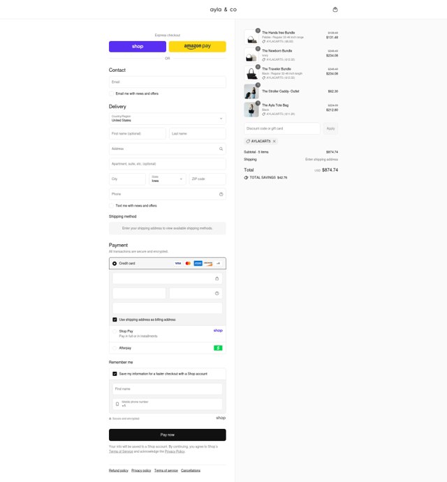Ayla & Co checkout page showing Ayla & Co promo code box | Screenshot taken by SimplyCodes community member on Sep 5, 2025