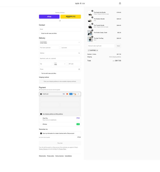 Ayla & Co checkout page showing Ayla & Co promo code box | Screenshot taken by SimplyCodes community member on Sep 5, 2025