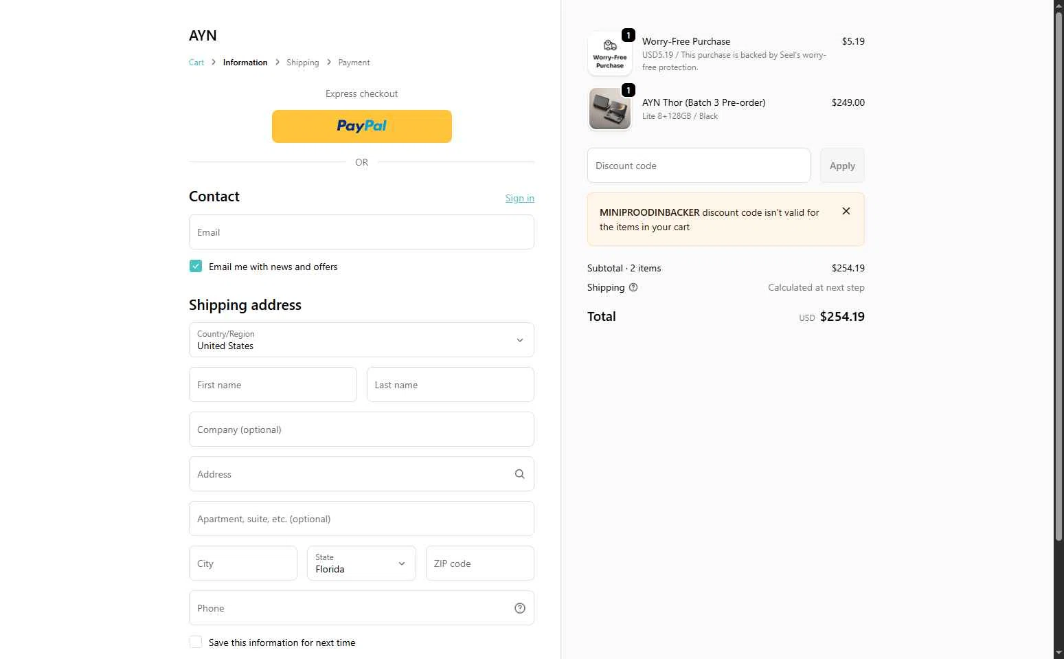 AYN checkout page showing AYN discount code box | Screenshot taken by SimplyCodes community member on Jan 29, 2026