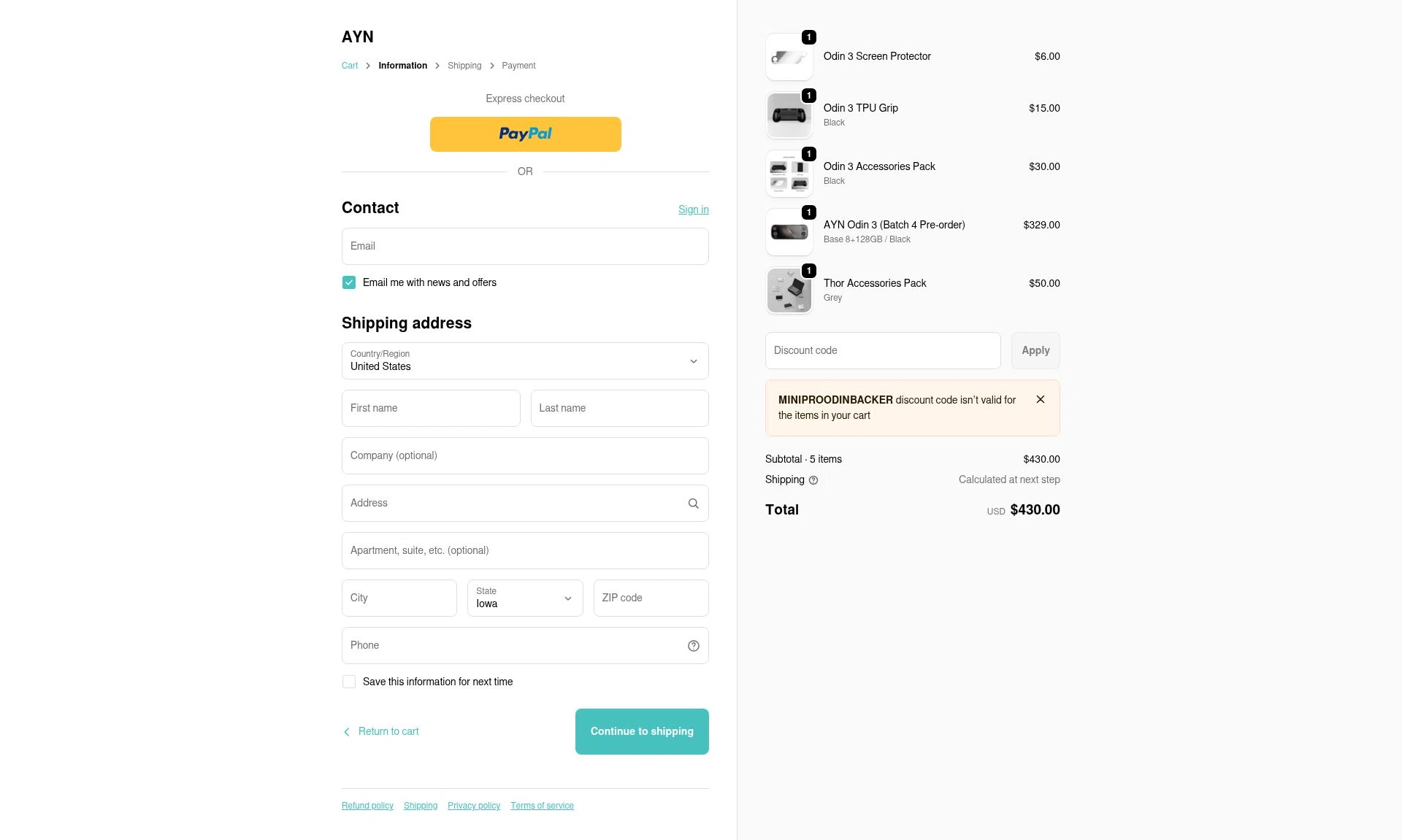 AYN checkout page showing AYN discount code box | Screenshot taken by SimplyCodes community member on Feb 10, 2026