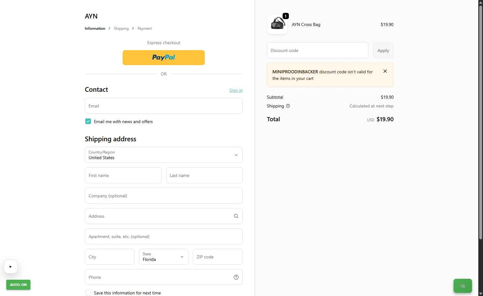 AYN checkout page showing AYN discount code box | Screenshot taken by SimplyCodes community member on Feb 10, 2026