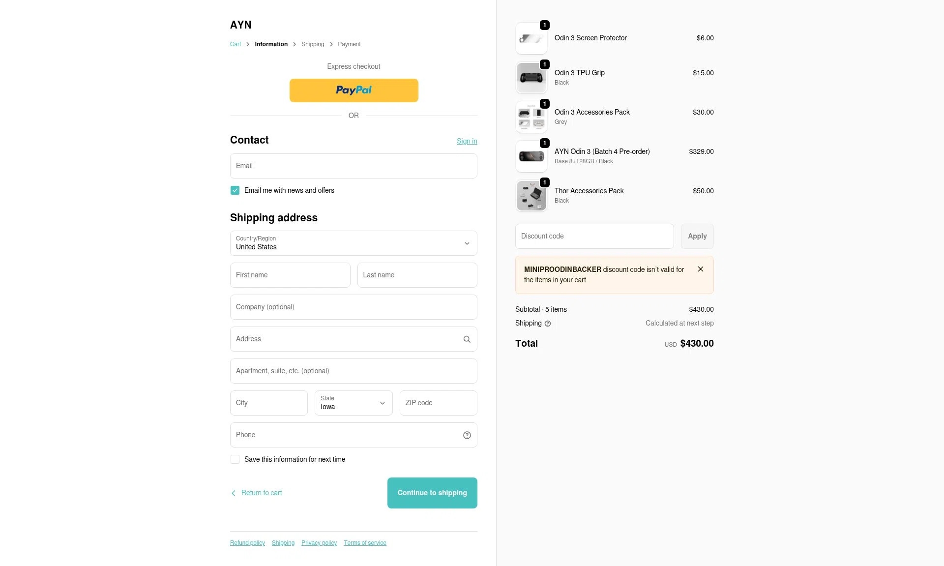 AYN checkout page showing AYN discount code box | Screenshot taken by SimplyCodes community member on Feb 4, 2026