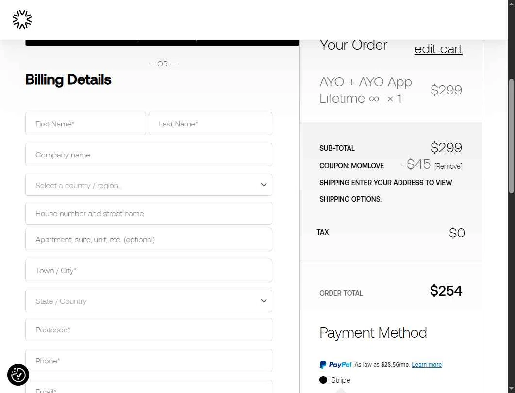 Ayo checkout page showing Ayo discount code box | Screenshot taken by SimplyCodes community member on Oct 17, 2025