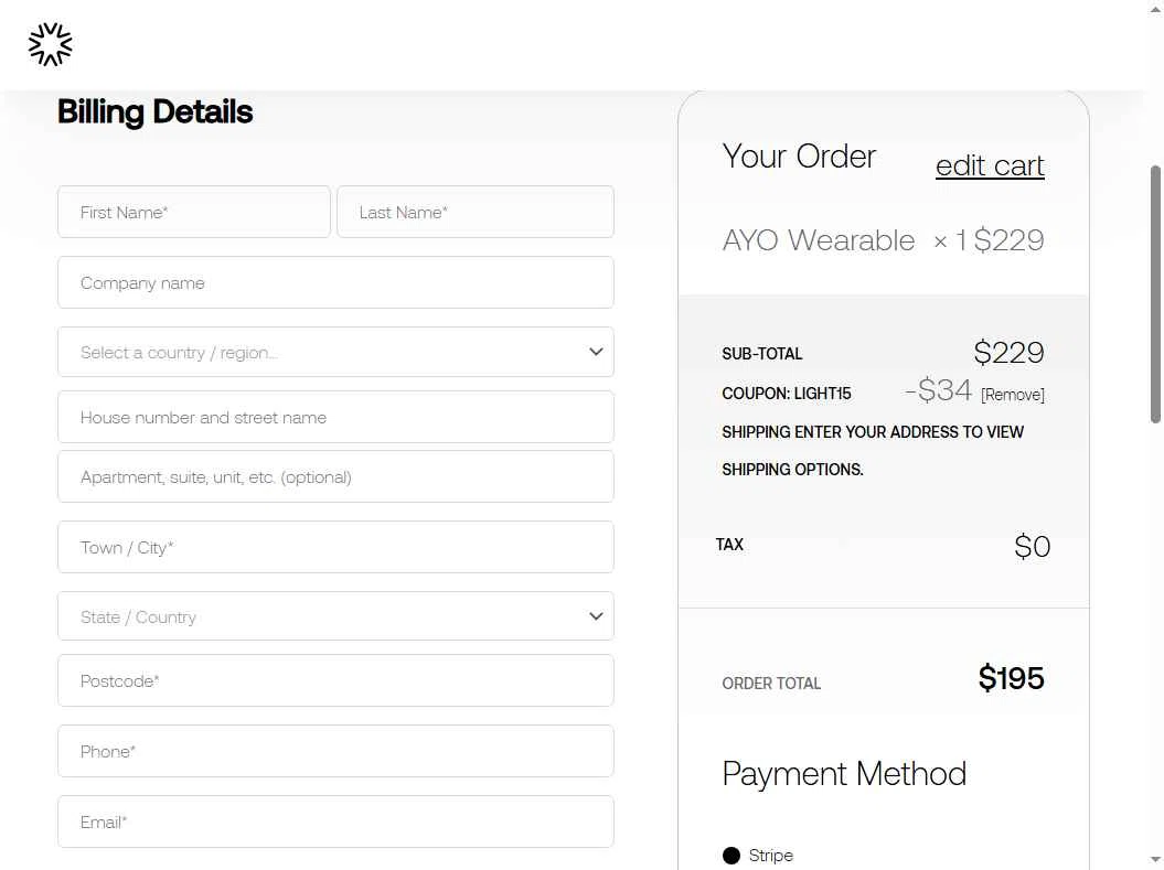 Ayo checkout page showing Ayo discount code box | Screenshot taken by SimplyCodes community member on Nov 9, 2025
