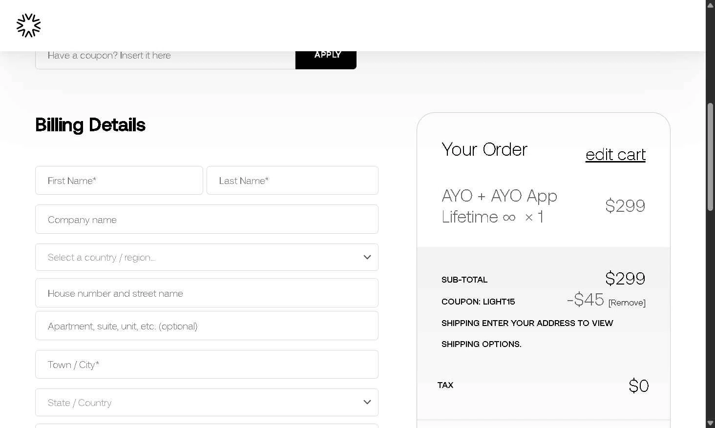 Ayo checkout page showing Ayo discount code box | Screenshot taken by SimplyCodes community member on Oct 11, 2025