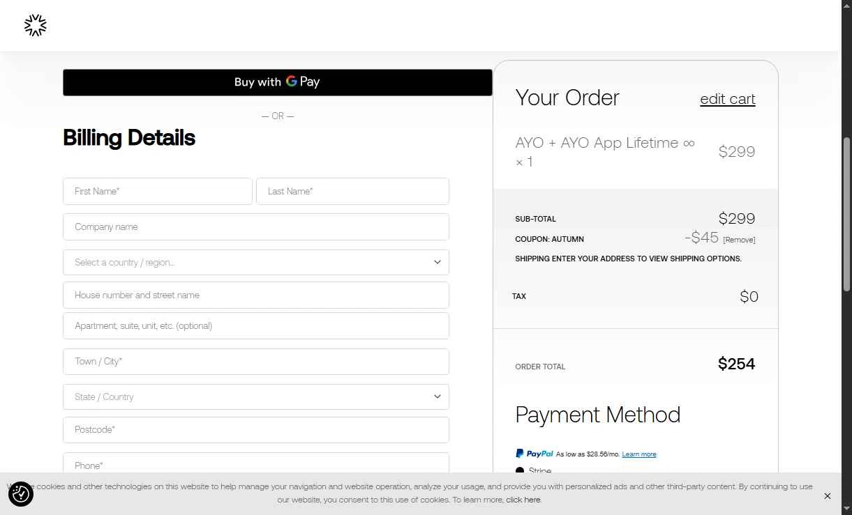 Ayo checkout page showing Ayo discount code box | Screenshot taken by SimplyCodes community member on Oct 23, 2025