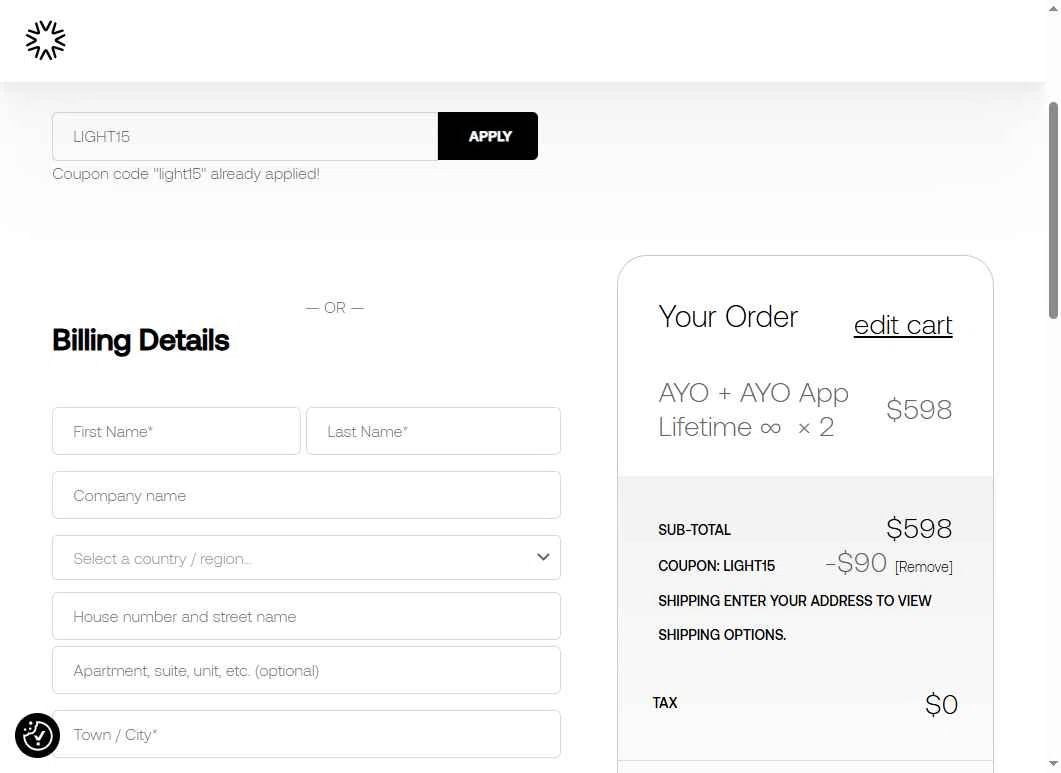Ayo checkout page showing Ayo discount code box | Screenshot taken by SimplyCodes community member on Nov 9, 2025