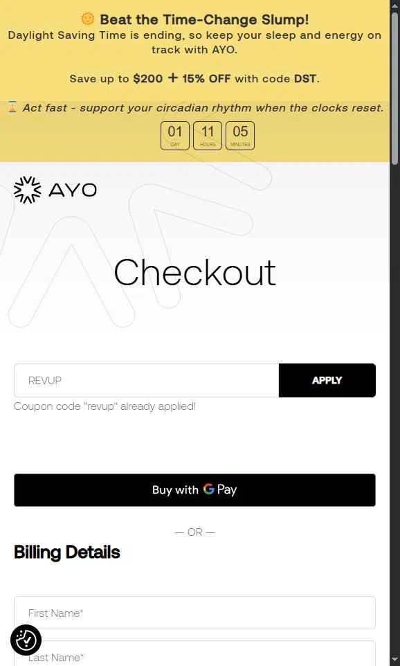 Ayo checkout page showing Ayo discount code box | Screenshot taken by SimplyCodes community member on Nov 7, 2025