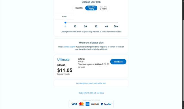 Ayoa checkout page showing Ayoa promo code box | Screenshot taken by SimplyCodes community member on May 30, 2025