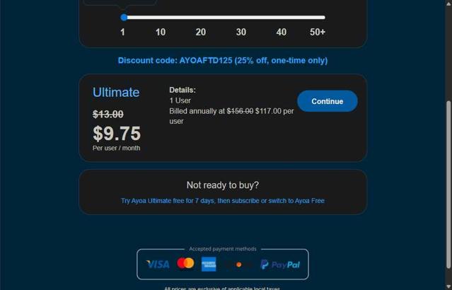 Ayoa checkout page showing Ayoa promo code box | Screenshot taken by SimplyCodes community member on Sep 5, 2025