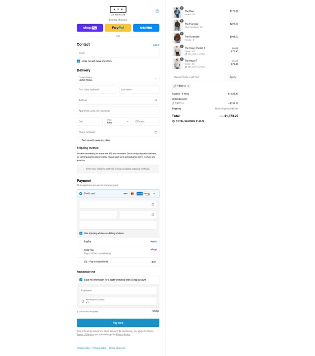 AYR checkout page showing AYR promo code box | Screenshot taken by SimplyCodes community member on Aug 26, 2025