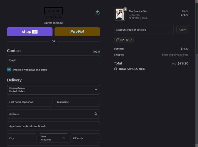 AYR checkout page showing AYR promo code box | Screenshot taken by SimplyCodes community member on Aug 24, 2025