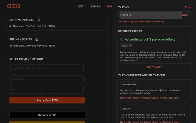 Aza checkout page showing Aza discount code box | Screenshot taken by SimplyCodes community member on Jun 9, 2025