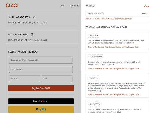 Aza checkout page showing Aza discount code box | Screenshot taken by SimplyCodes community member on May 13, 2025