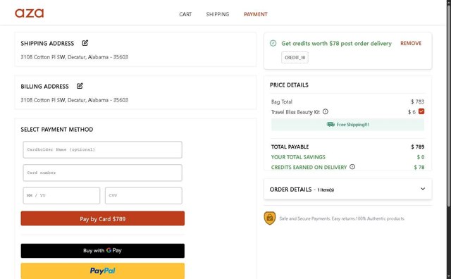 Aza checkout page showing Aza discount code box | Screenshot taken by SimplyCodes community member on May 27, 2025