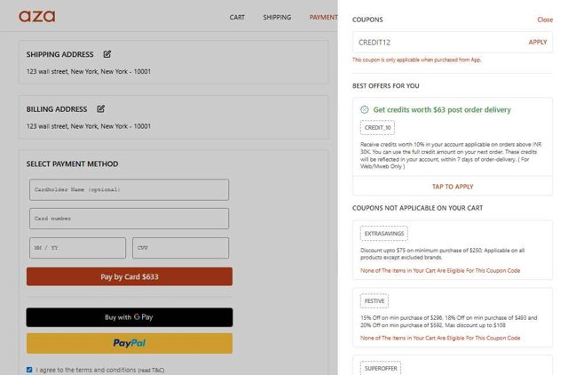 Aza checkout page showing Aza discount code box | Screenshot taken by SimplyCodes community member on Jul 8, 2025