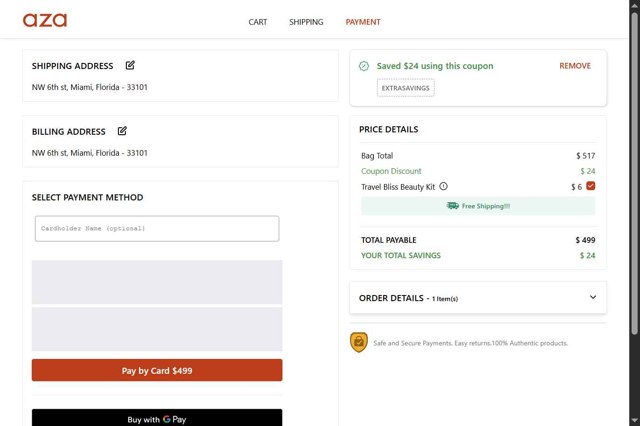 Aza checkout page showing Aza discount code box | Screenshot taken by SimplyCodes community member on May 13, 2025