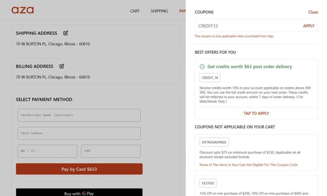 Aza checkout page showing Aza discount code box | Screenshot taken by SimplyCodes community member on Jul 8, 2025