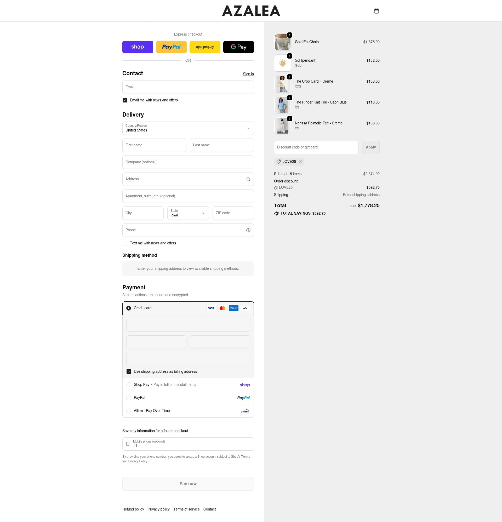 Azalea checkout page showing Azalea promo code box | Screenshot taken by SimplyCodes community member on Feb 21, 2026
